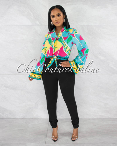 *Nida Multi-Color Wide Sleeves Front Tie Shirt