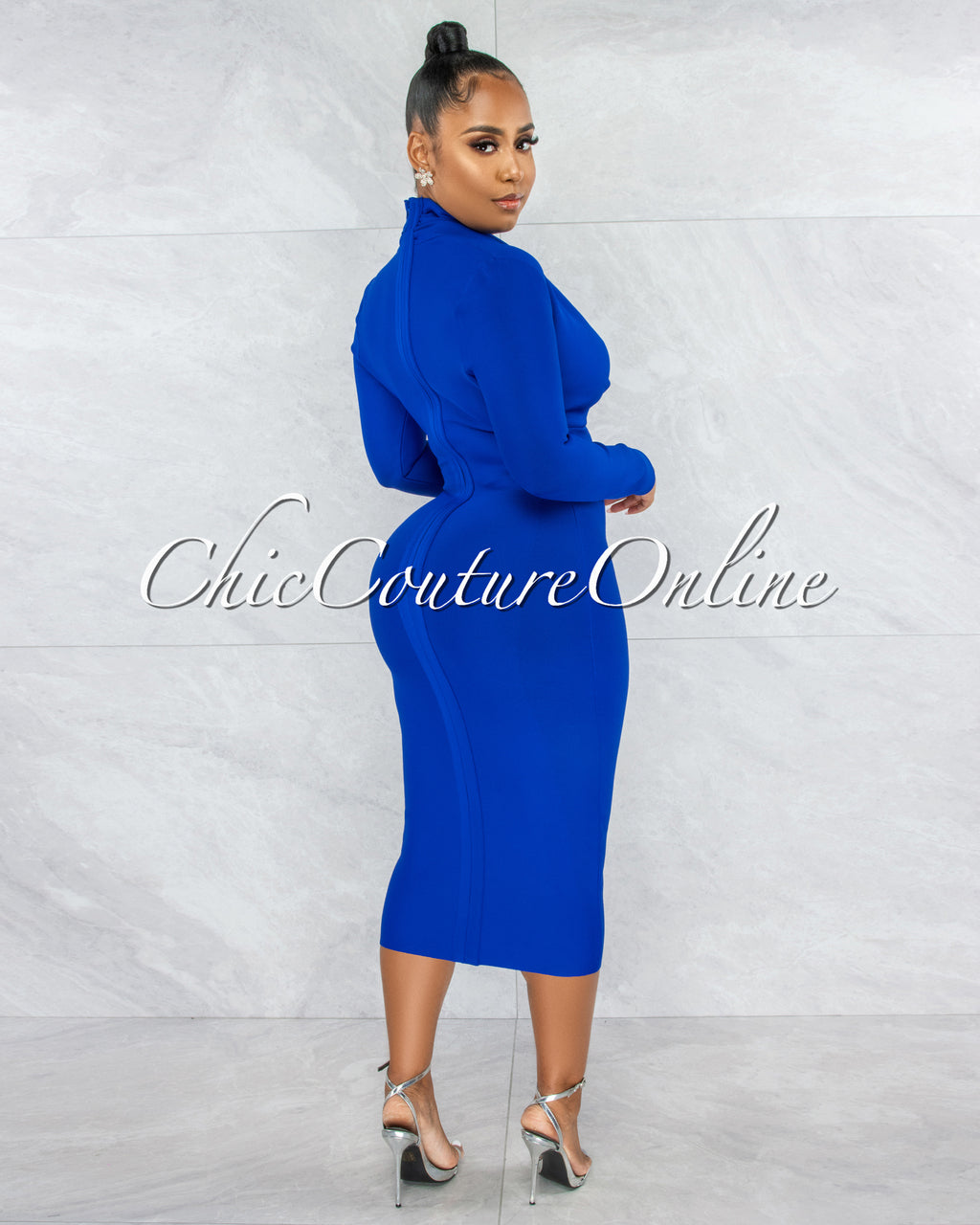 Athina Royal Blue Draped Details Bandage Midi Dress