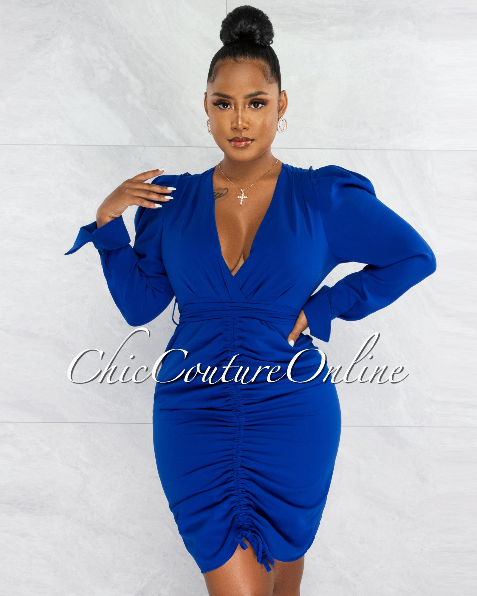 *Randall Royal Blue Front Ruch Tie Belt Midi Dress