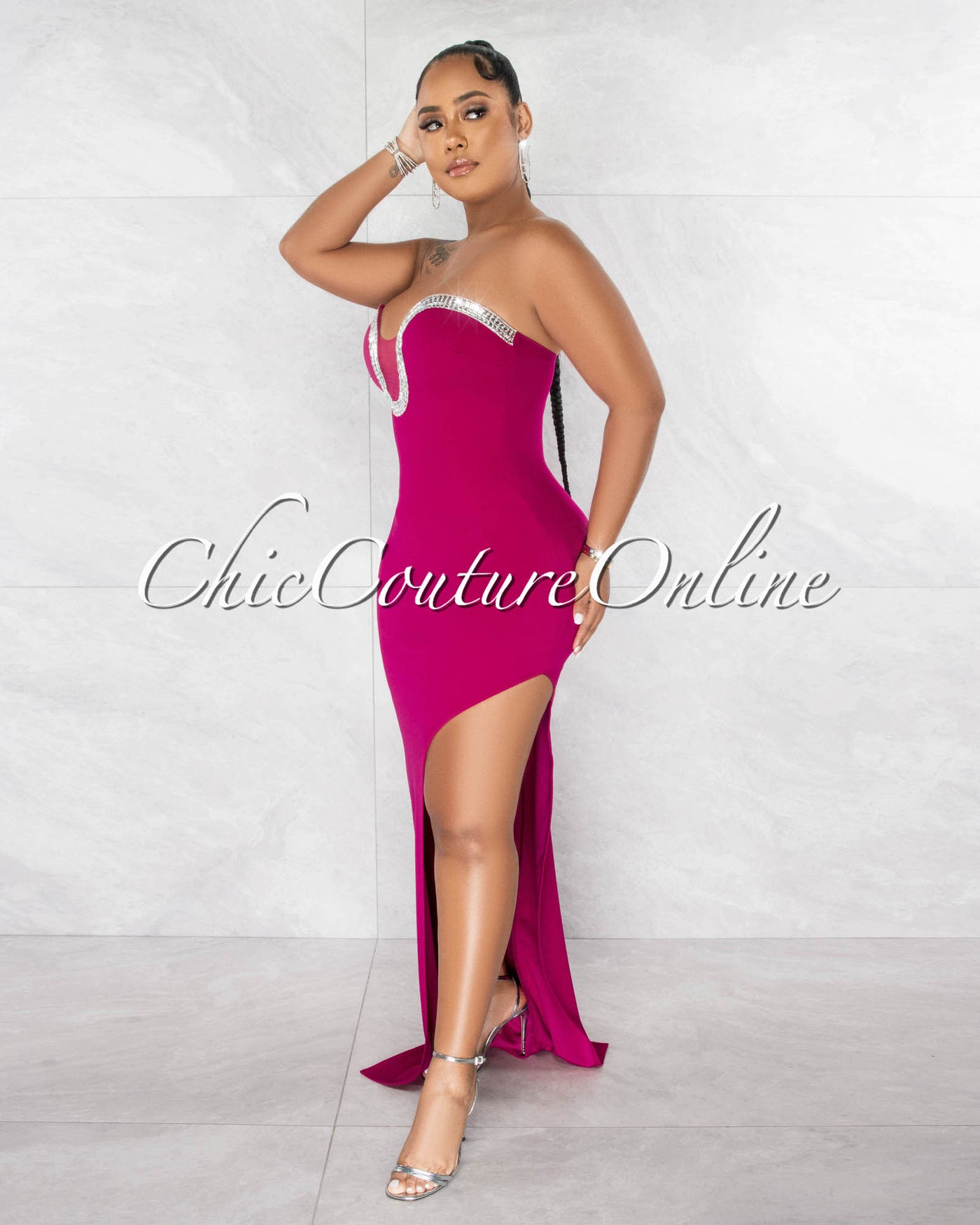 Hilton Magenta Rhinestones Neckline Leg Slit Maxi Dress