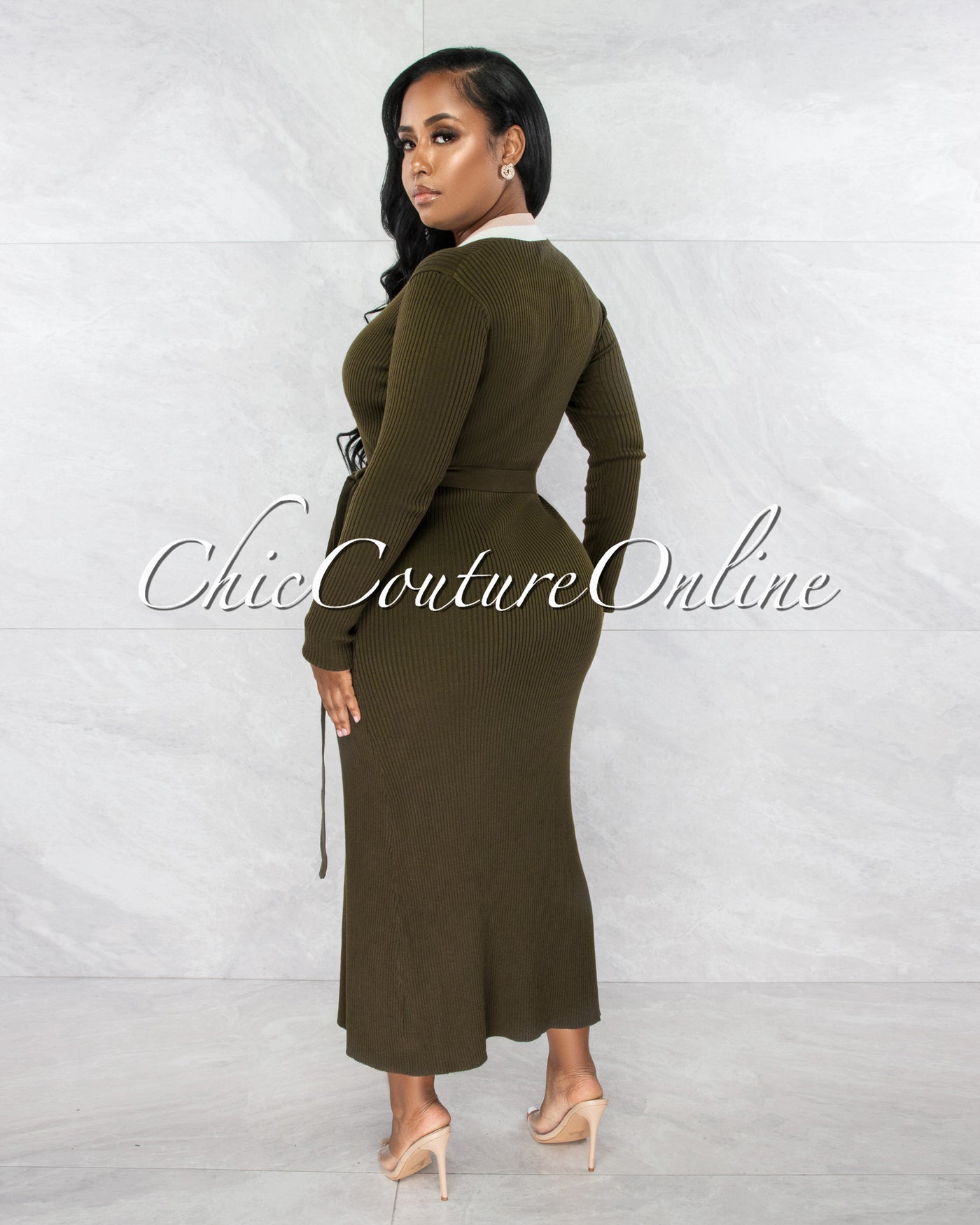 Sassy Olive Green Nude White Trim Sweater Cardi Dress
