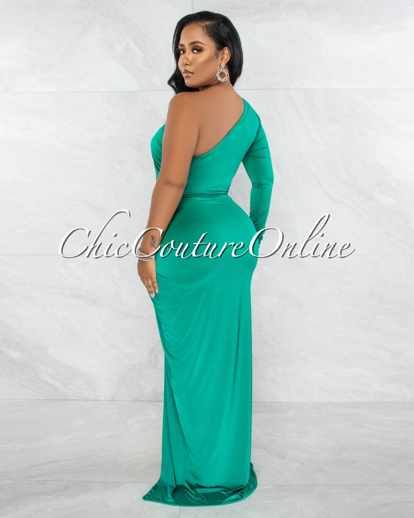 Kimber Kelly Green Single Shoulder Draped Maxi Dress