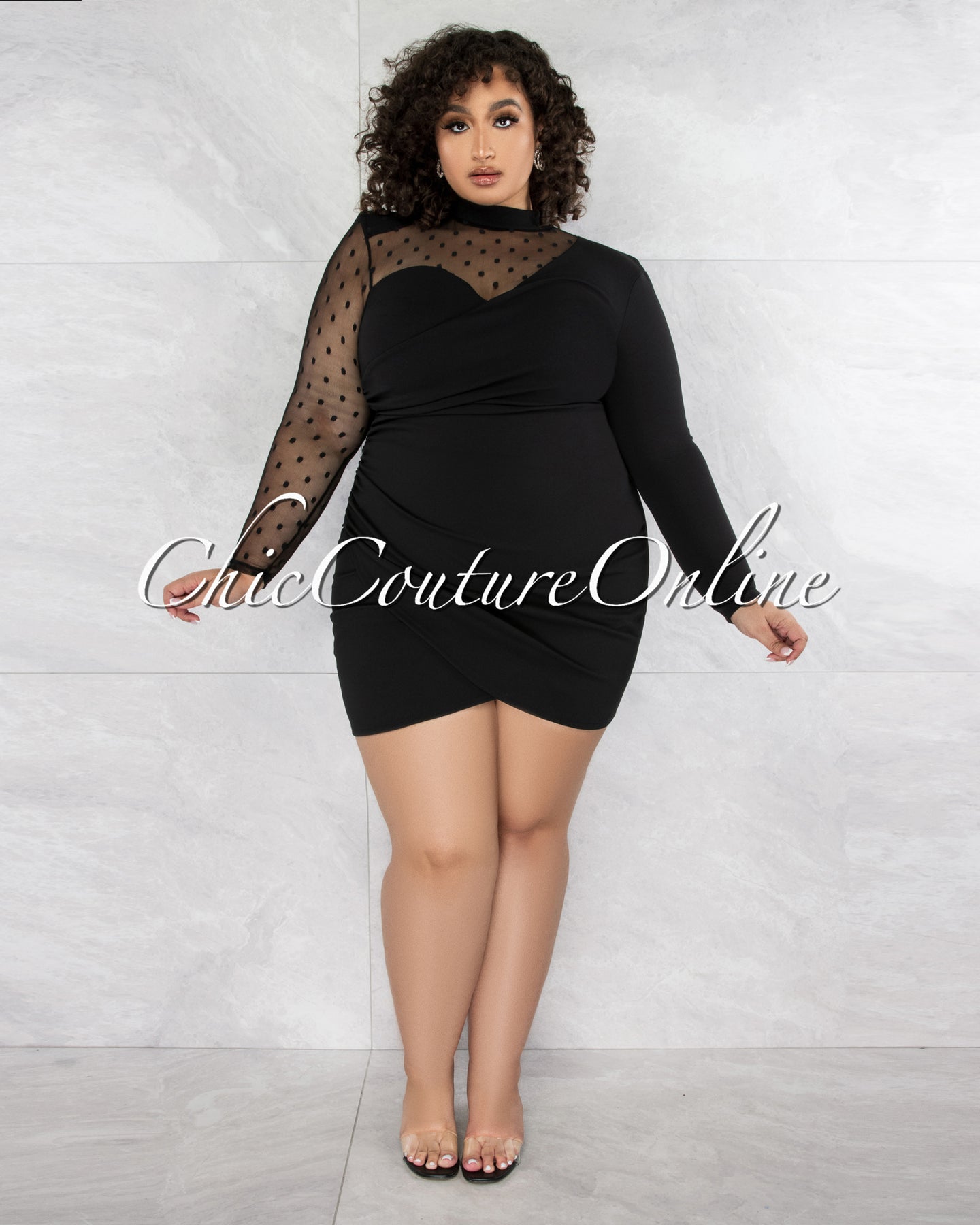 *Rusabel Black Polka Dots Tulle Single Sleeve CURVY Dress