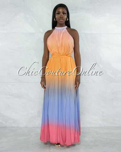 *Janique Mustard Blue Ombre Halter Maxi Pleated Dress