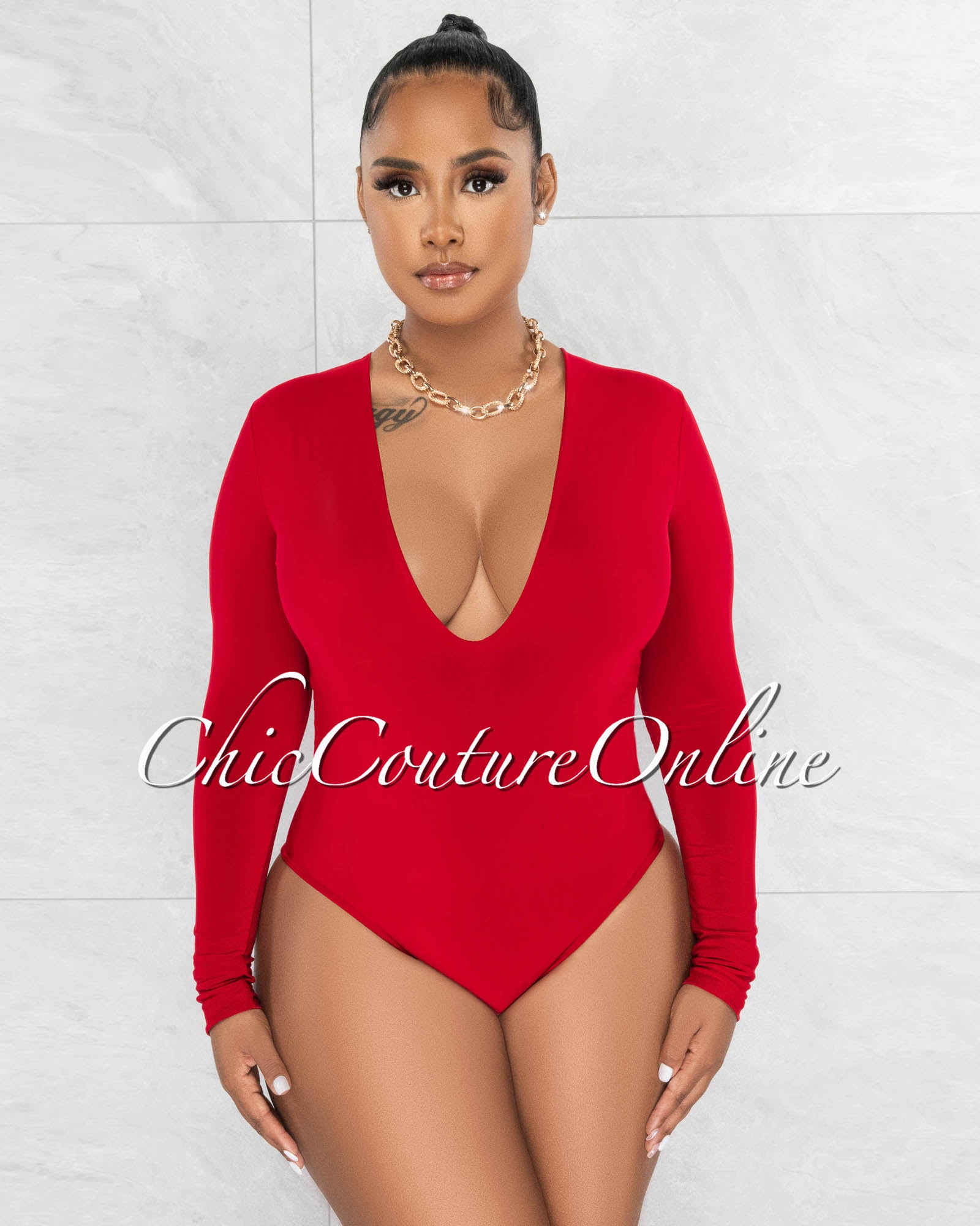 *Nilam Red Deep V Neck Long Sleeves Bodysuit