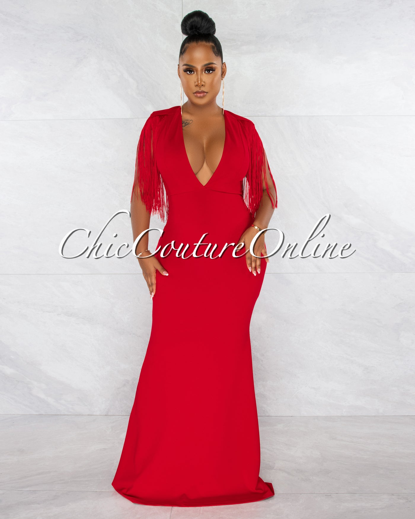 *Orane Red Fringe Shoulders Semi-Mermaid Maxi Dress