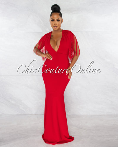 Orane Red Fringe Shoulders Semi-Mermaid Maxi Dress