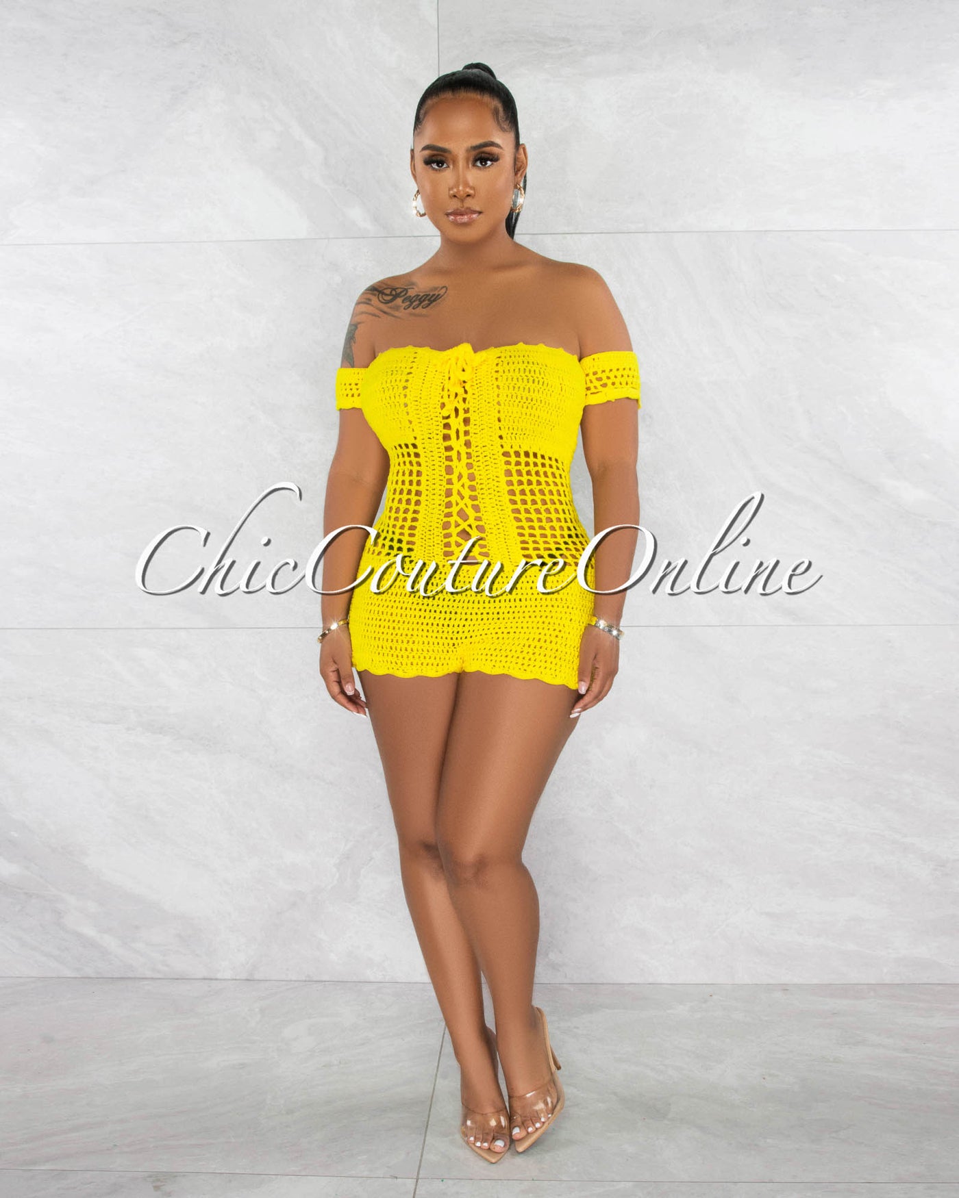 *Maddie Yellow See-Through Crochet Cover-Up Romper