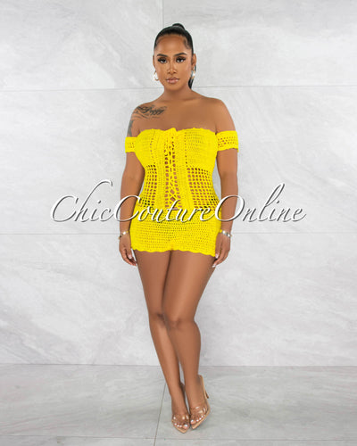 *Maddie Yellow See-Through Crochet Cover-Up Romper
