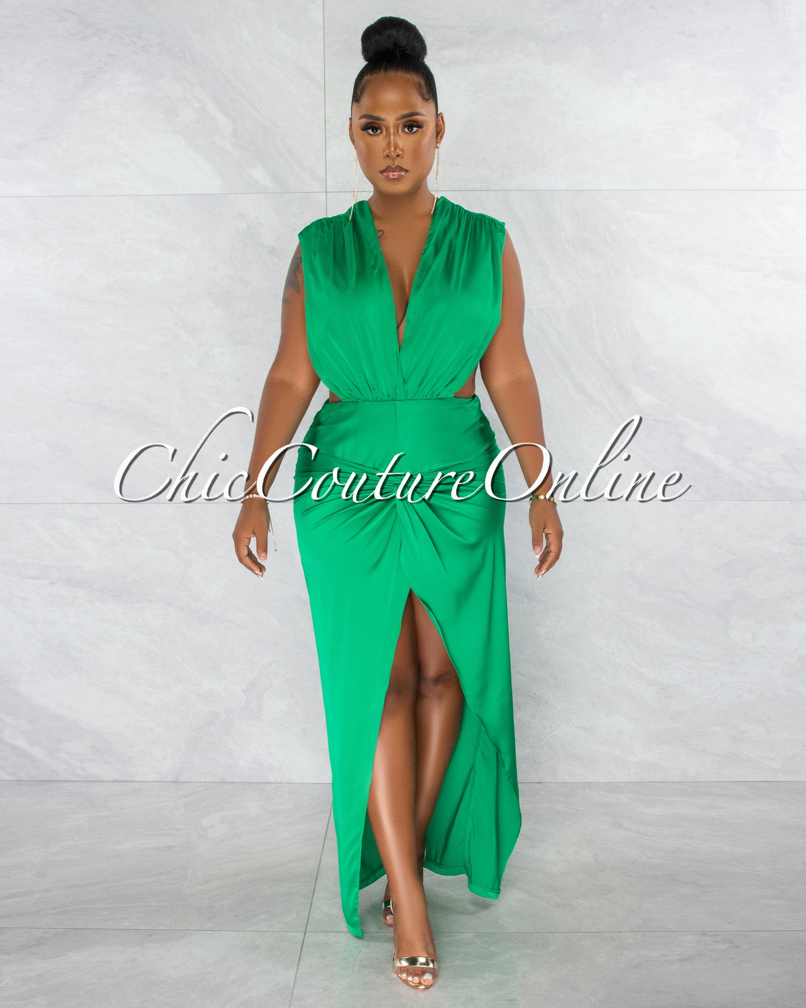 *Gabrielle Kelly Green Deep V Open Sides Drape Maxi Silky Dress