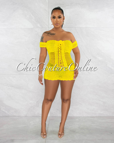 *Maddie Yellow See-Through Crochet Cover-Up Romper