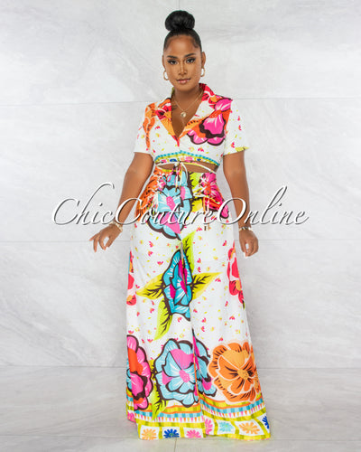 *Gardenia White Pink Blazer Crop Top & Wide Pants Set