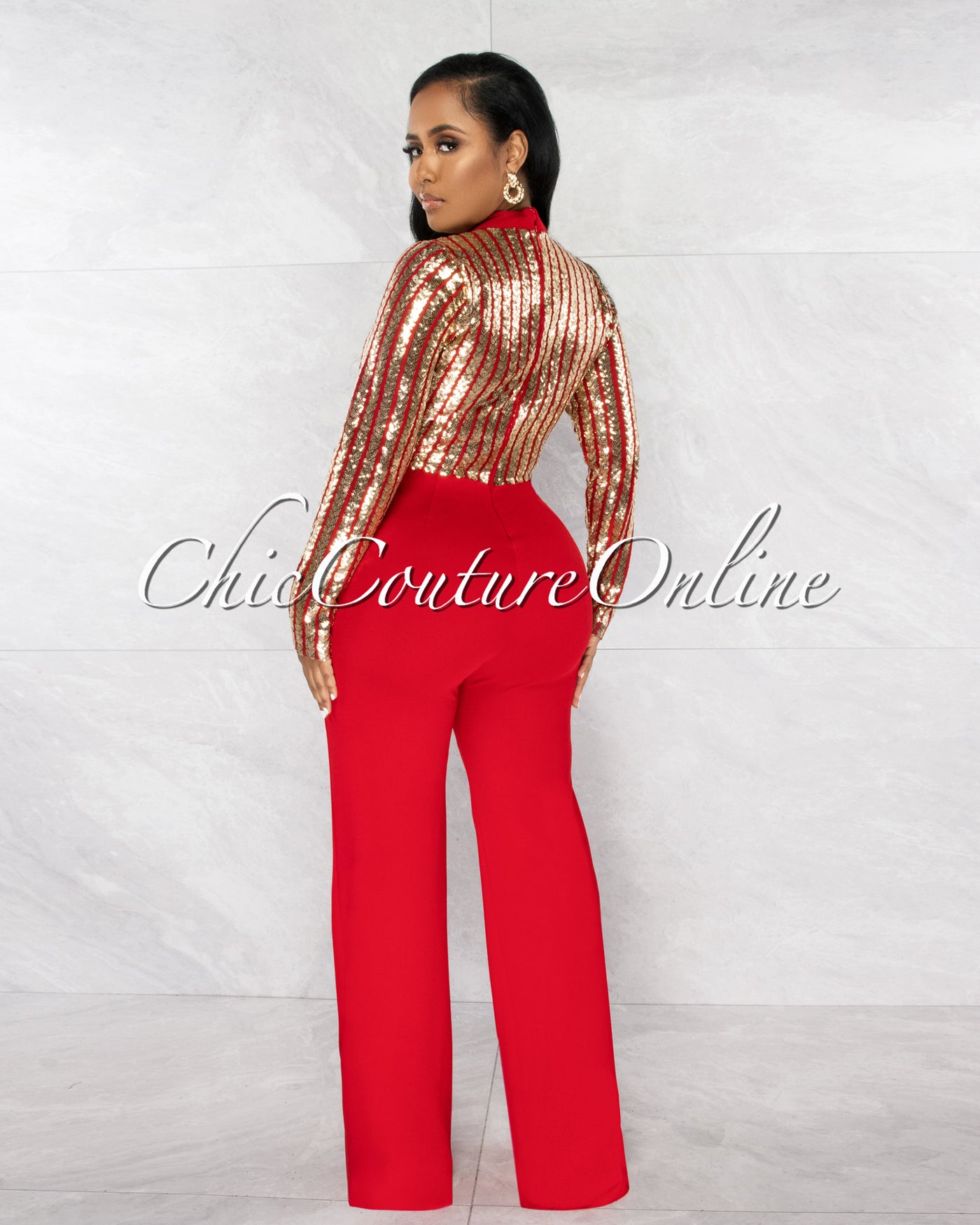 *Brentley Red Gold Sequins Stripes Top Mesh Accent Jumpsuit