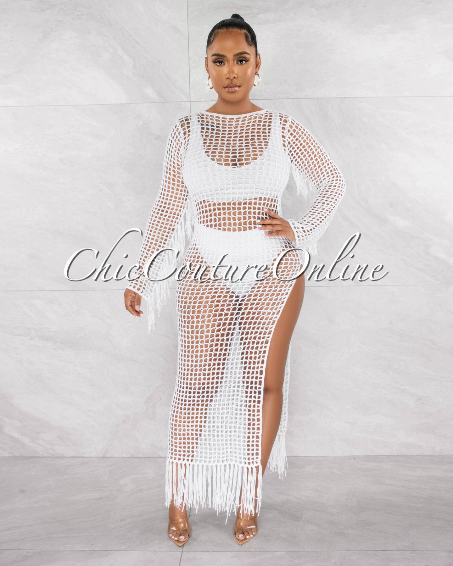 *Brassie Off-White Crochet Tassels Cover-Up Maxi Dress