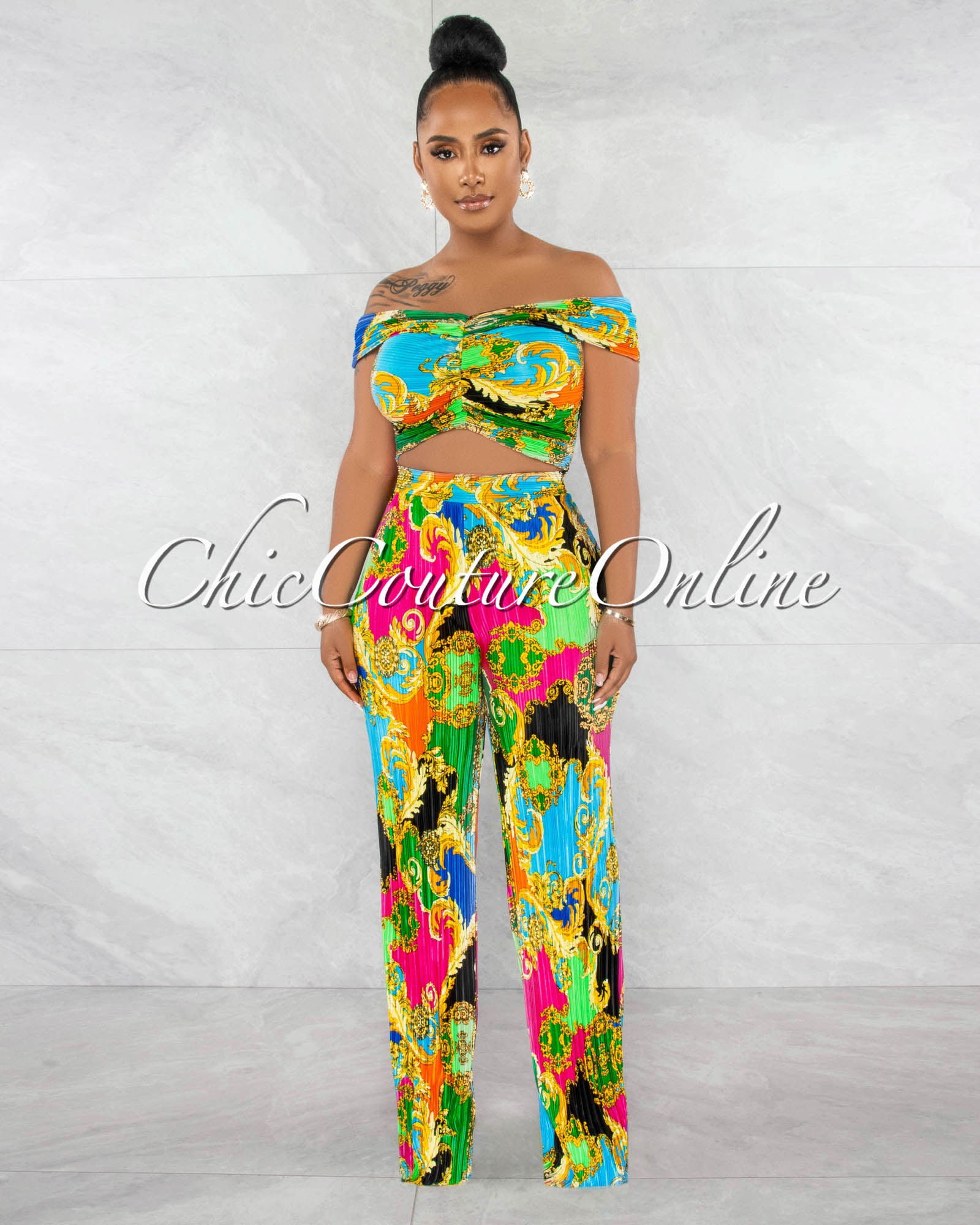 Kwani Multi-Color Print Ribbed Crop Top & Wide Pants Set