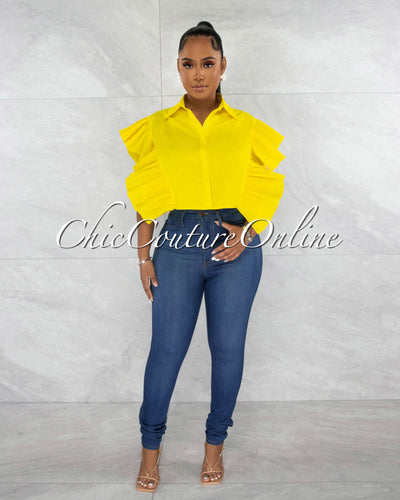 *Perdita Yellow Origami Statement Sleeves Crop Blouse