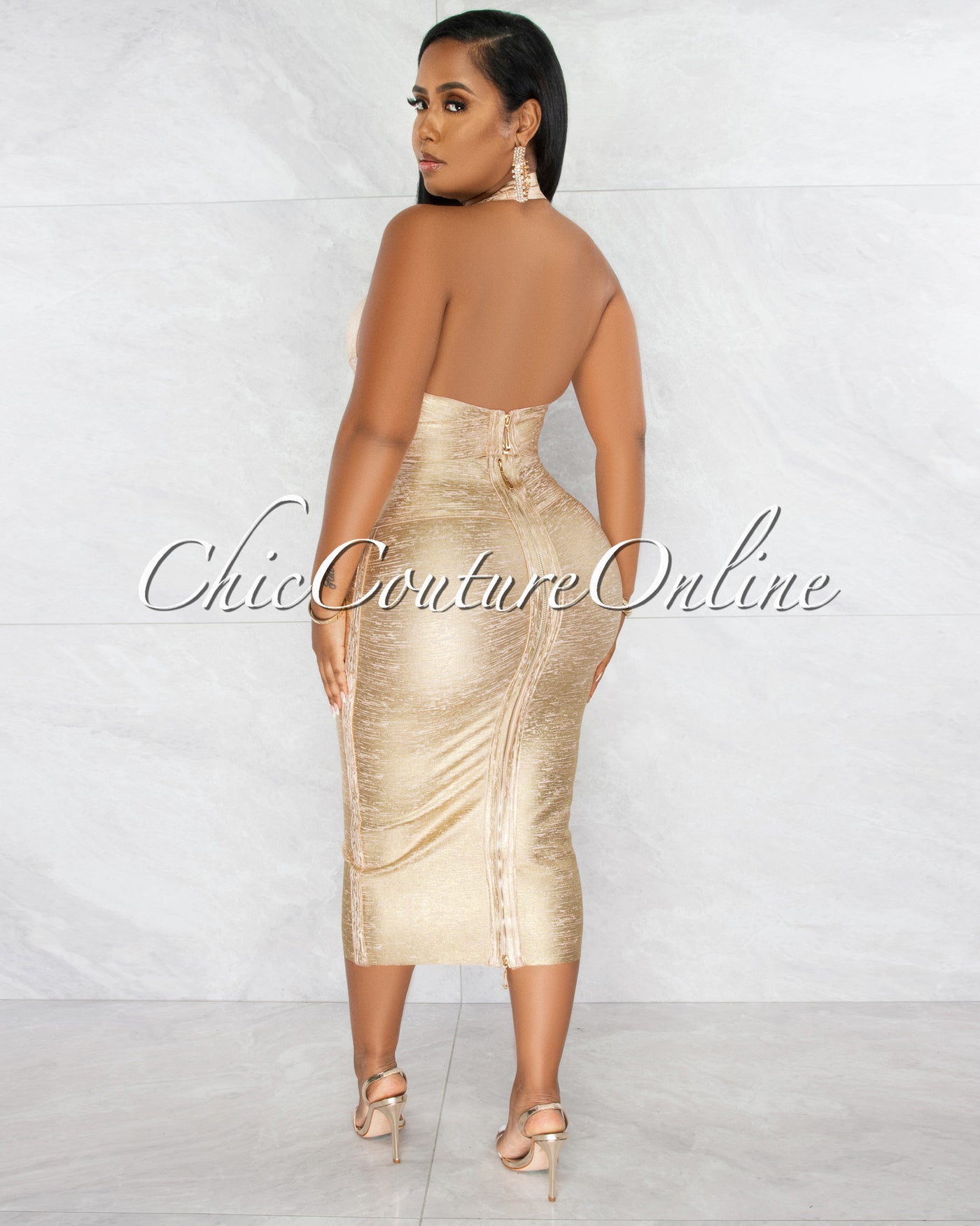 Sassie Nude Gold Foil Bandage Crossed Top & Midi Skirt