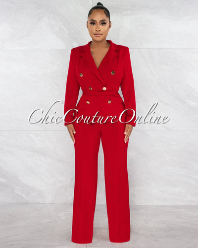 Angus Red Self-Tie Blazer & Wide Pants Set