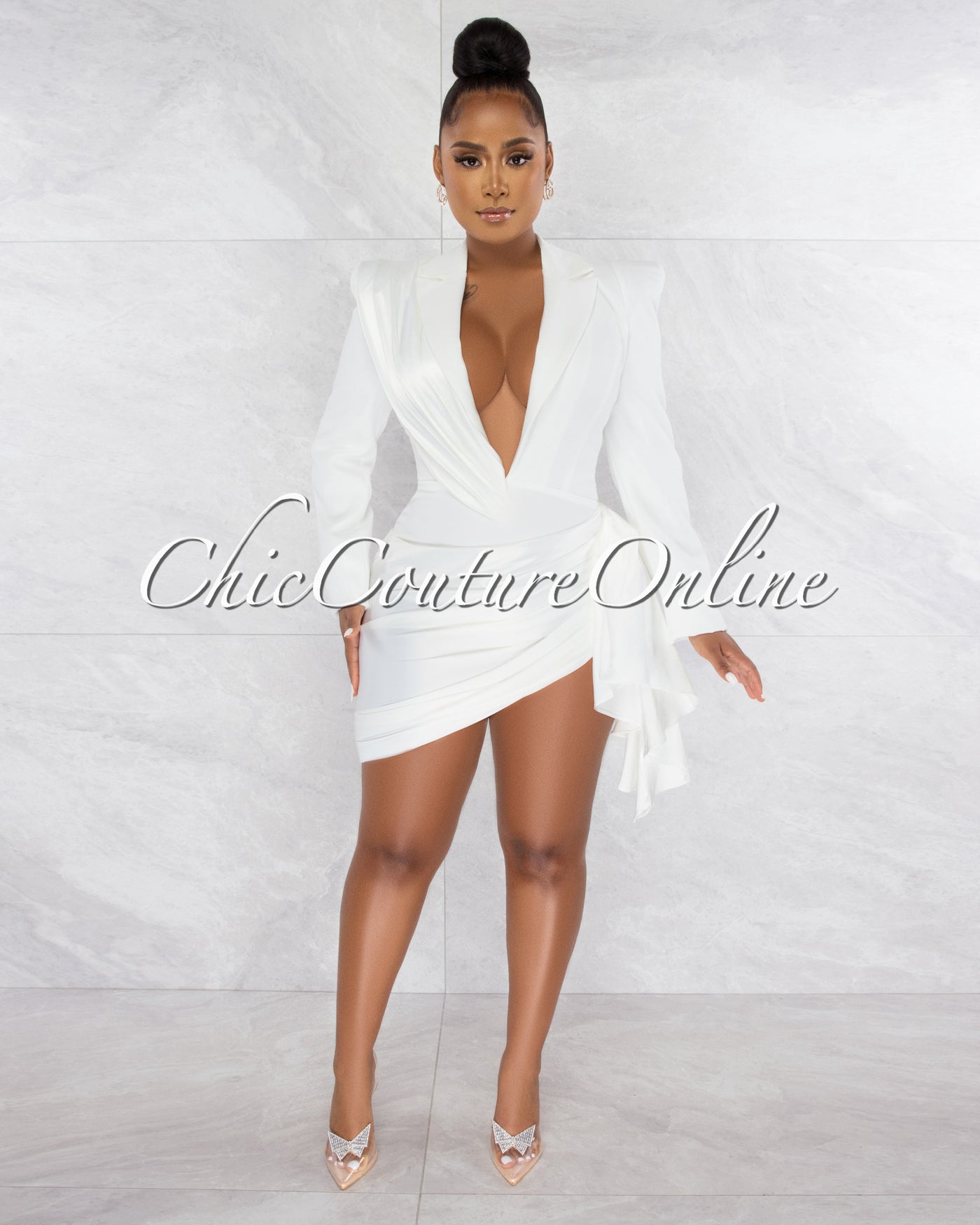 Vilina Off-White Silky Draped Overlay Bodysuit Dress