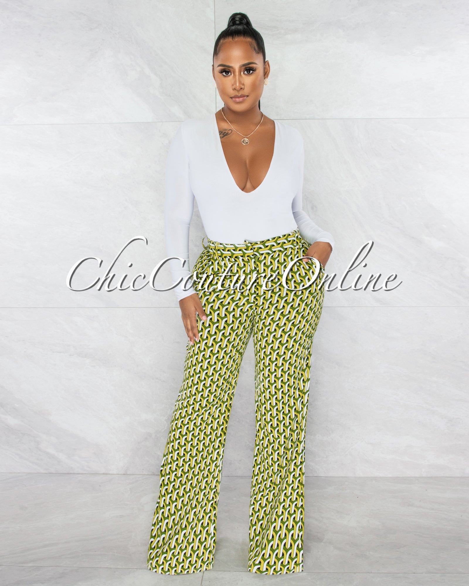 *Isser Green Geometric Print High Waist Palazzo Pants