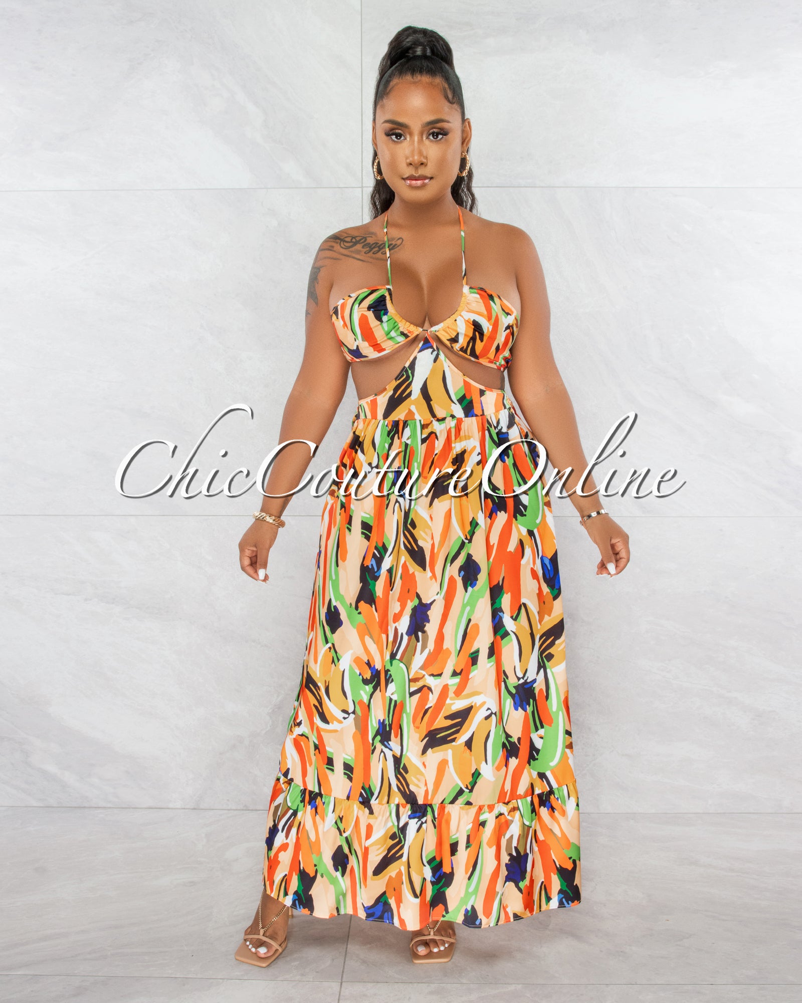 Karol Orange Multi-Color Print Halter Cut-Out Maxi Dress – Chic Couture ...