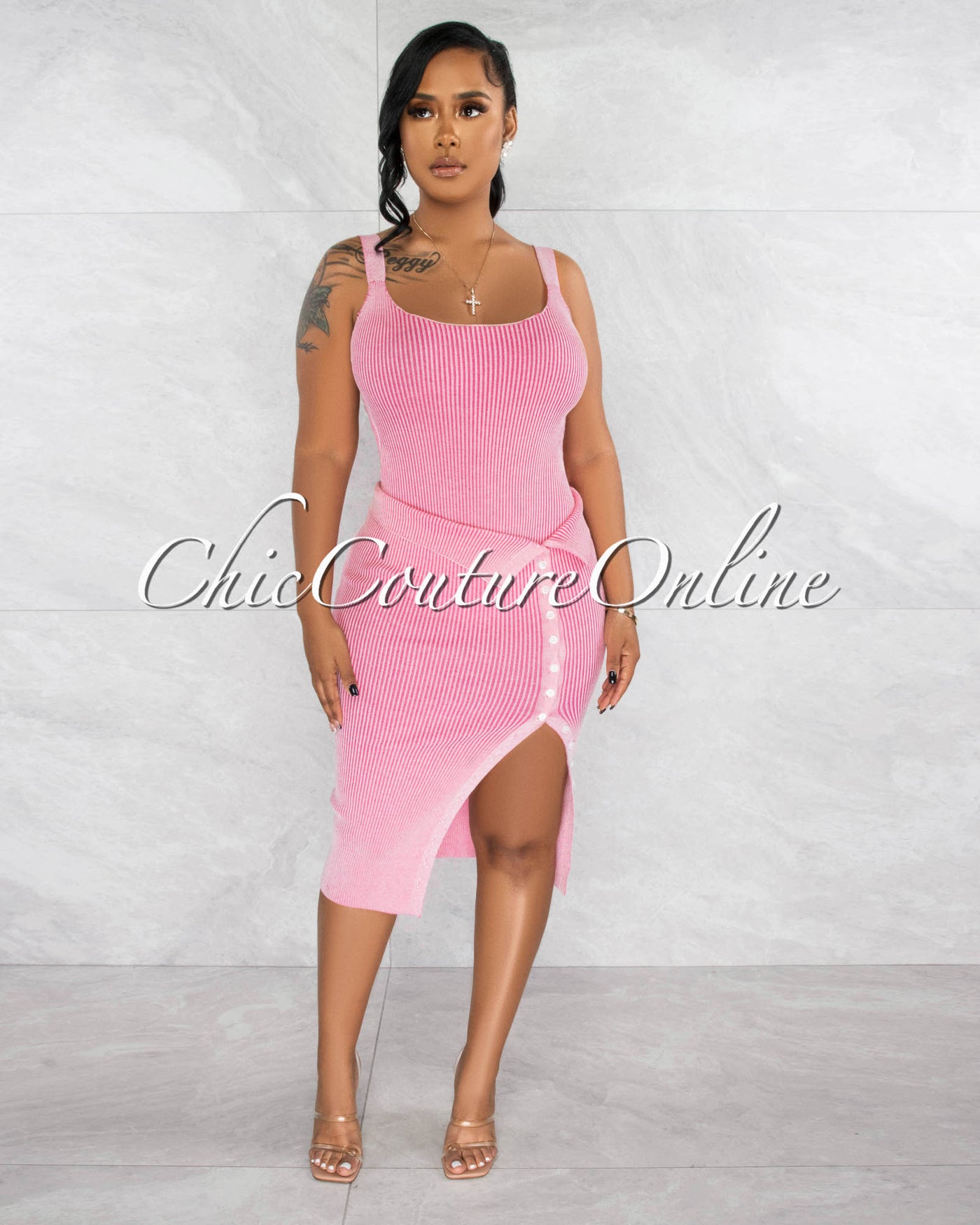 Guerda Pink Ribbed Open Back Bodysuit & Midi Skirt Set