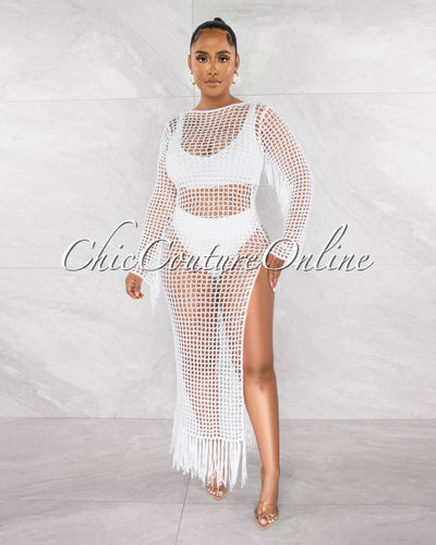 *Brassie Off-White Crochet Tassels Cover-Up Maxi Dress