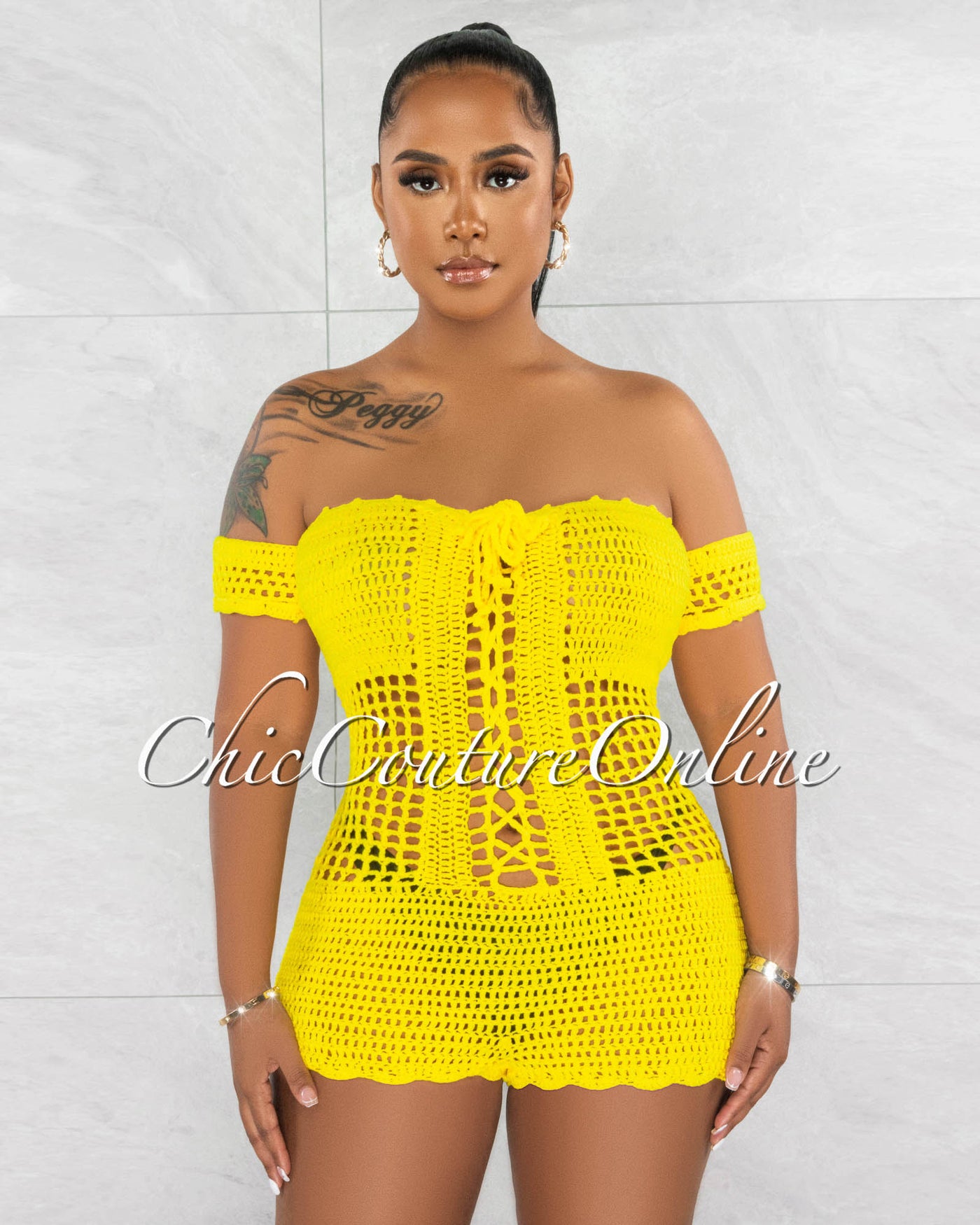 *Maddie Yellow See-Through Crochet Cover-Up Romper