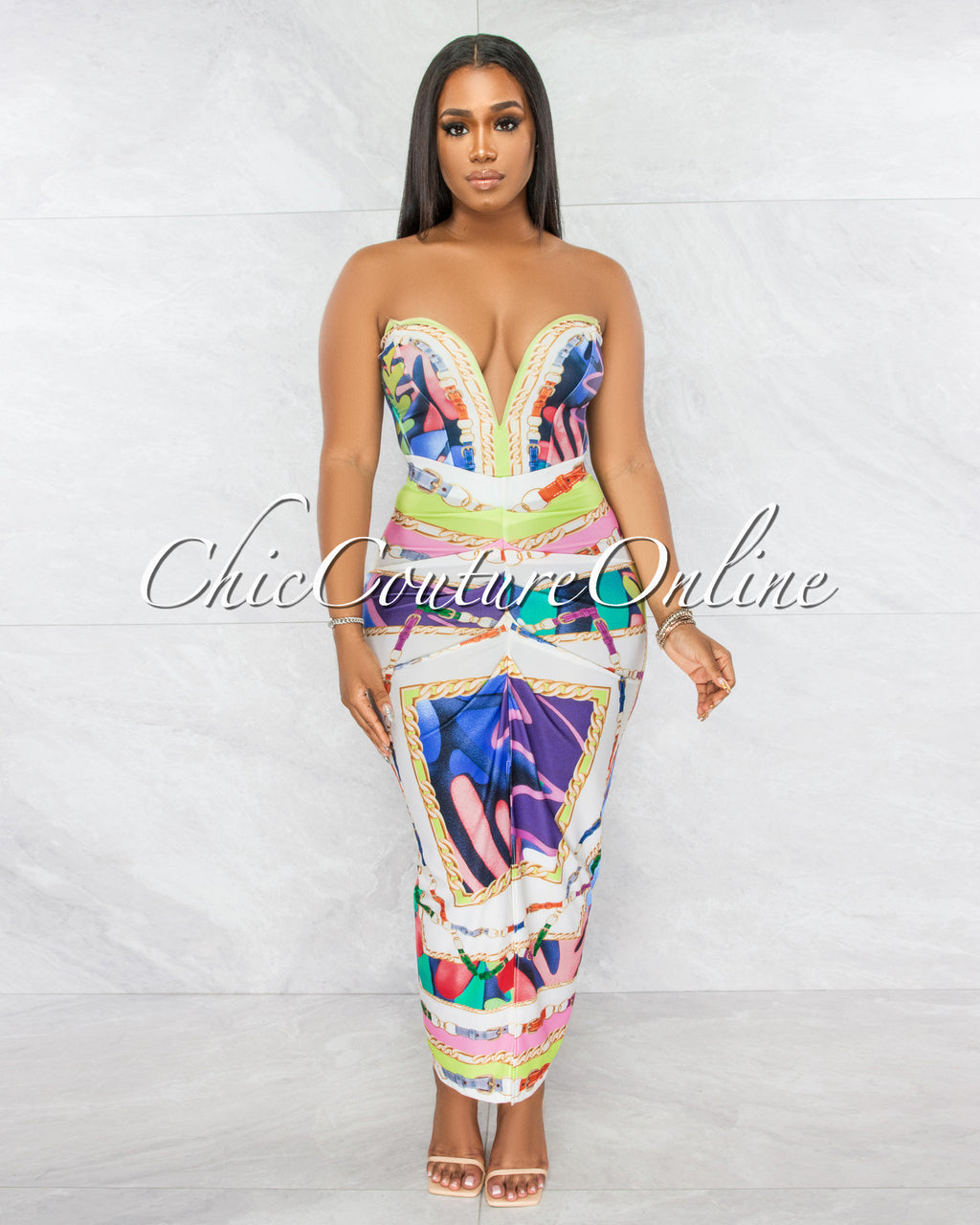 *Muriel Ivory Multi-Color Print Crop Top & Ruched Skirt Set