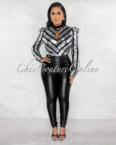 *Mundo Silver Black Chevron Sequins Key-Hole Bust Bodysuit