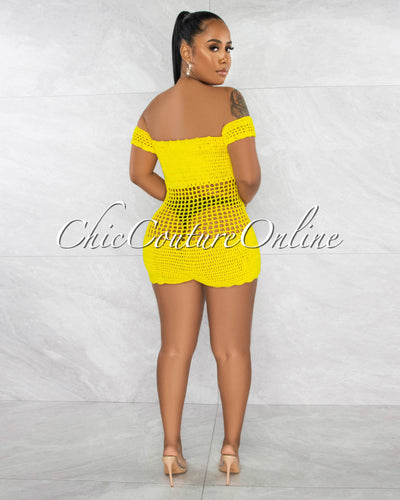 *Maddie Yellow See-Through Crochet Cover-Up Romper