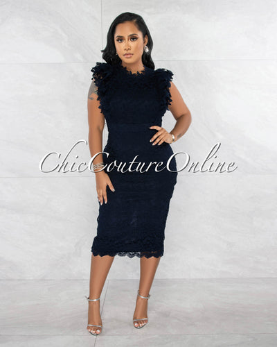 Victory Navy Blue Ruffle Sleeves Crochet Midi Dress