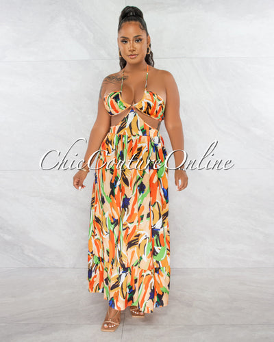 Karol Orange Multi-Color Print Halter Cut-Out Maxi Dress