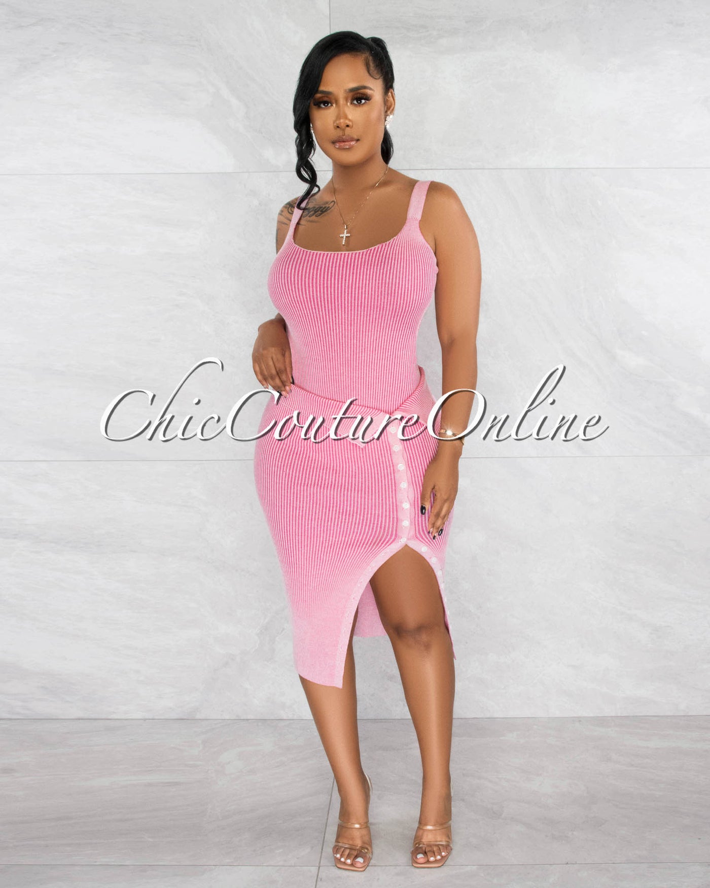 Guerda Pink Ribbed Open Back Bodysuit & Midi Skirt Set