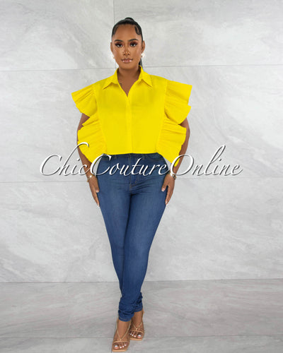 *Perdita Yellow Origami Statement Sleeves Crop Blouse