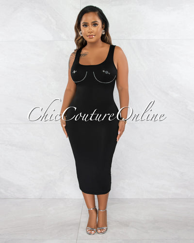 Lysander Black Rhinestones Décor Midi Dress