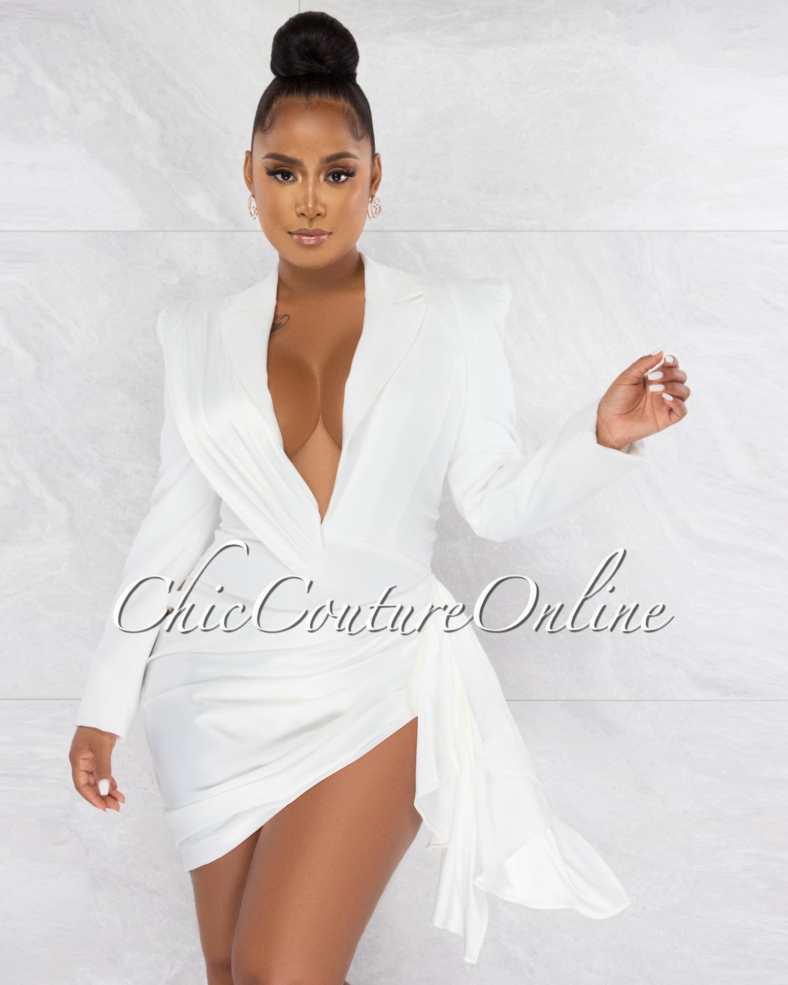*Vilina Off-White Silky Draped Overlay Bodysuit Dress