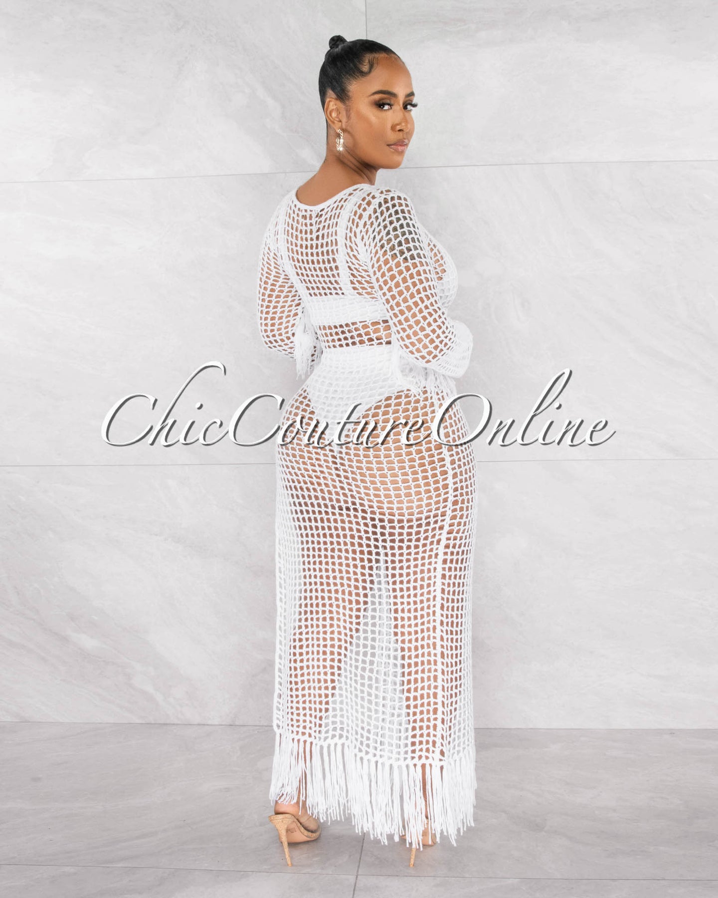 *Brassie Off-White Crochet Tassels Cover-Up Maxi Dress