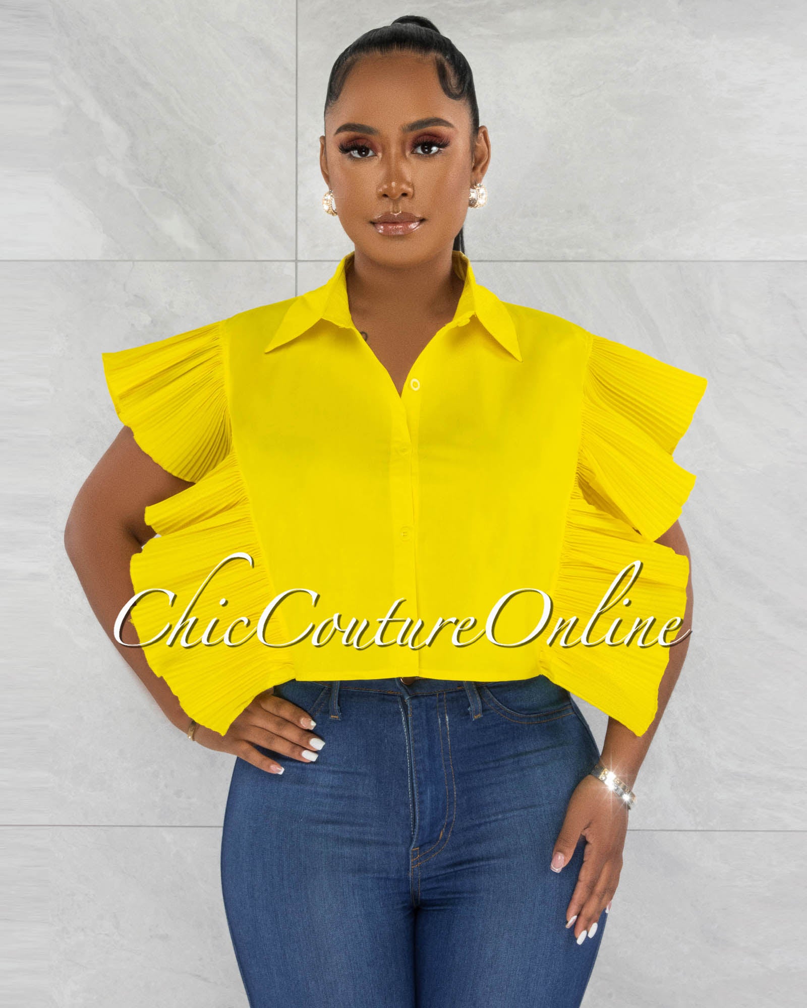 *Perdita Yellow Origami Statement Sleeves Crop Blouse