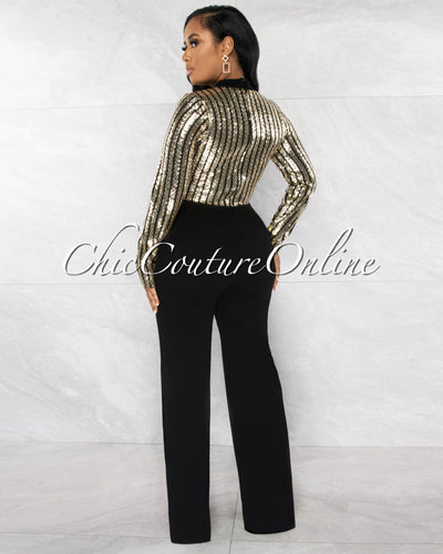 *Brentley Black Gold Sequins Stripes Top Mesh Accent Jumpsuit