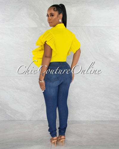 *Perdita Yellow Origami Statement Sleeves Crop Blouse