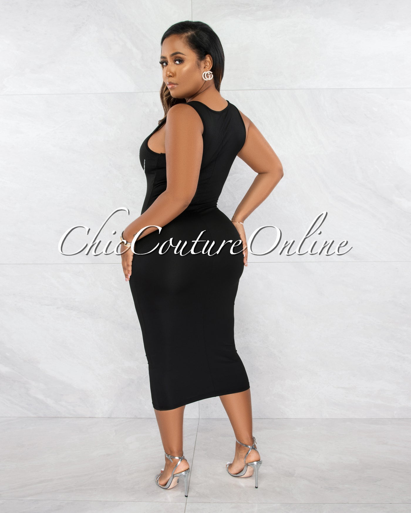 Lysander Black Rhinestones Décor Midi Dress
