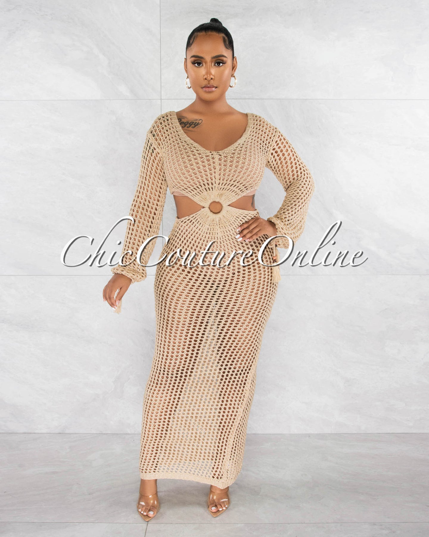 *Rhonda Nude "O" Ring Crochet Cut-Out Cover-Up Maxi Dress