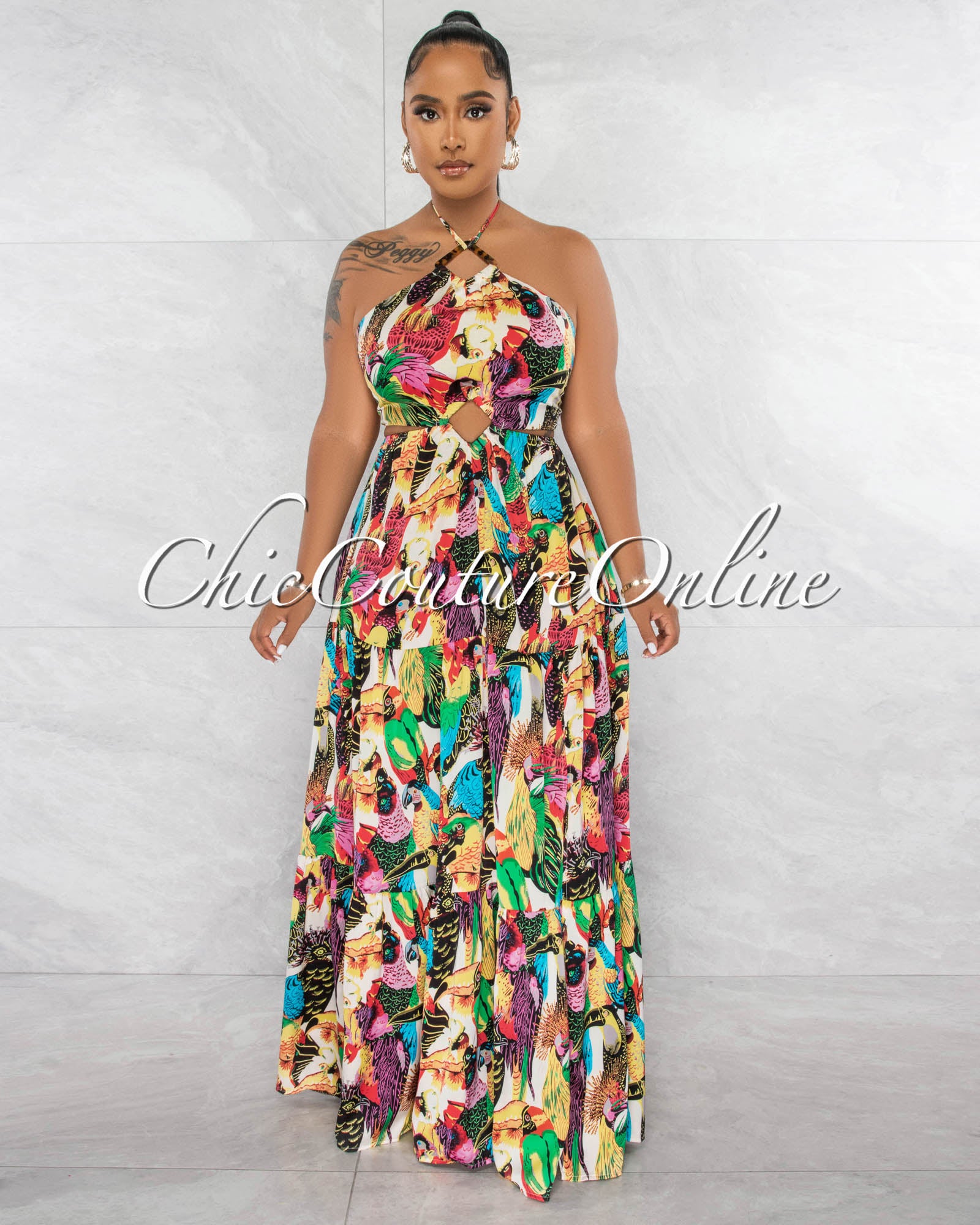 *Lomar Multi-Color Print Halter Cut-Out Maxi Dress
