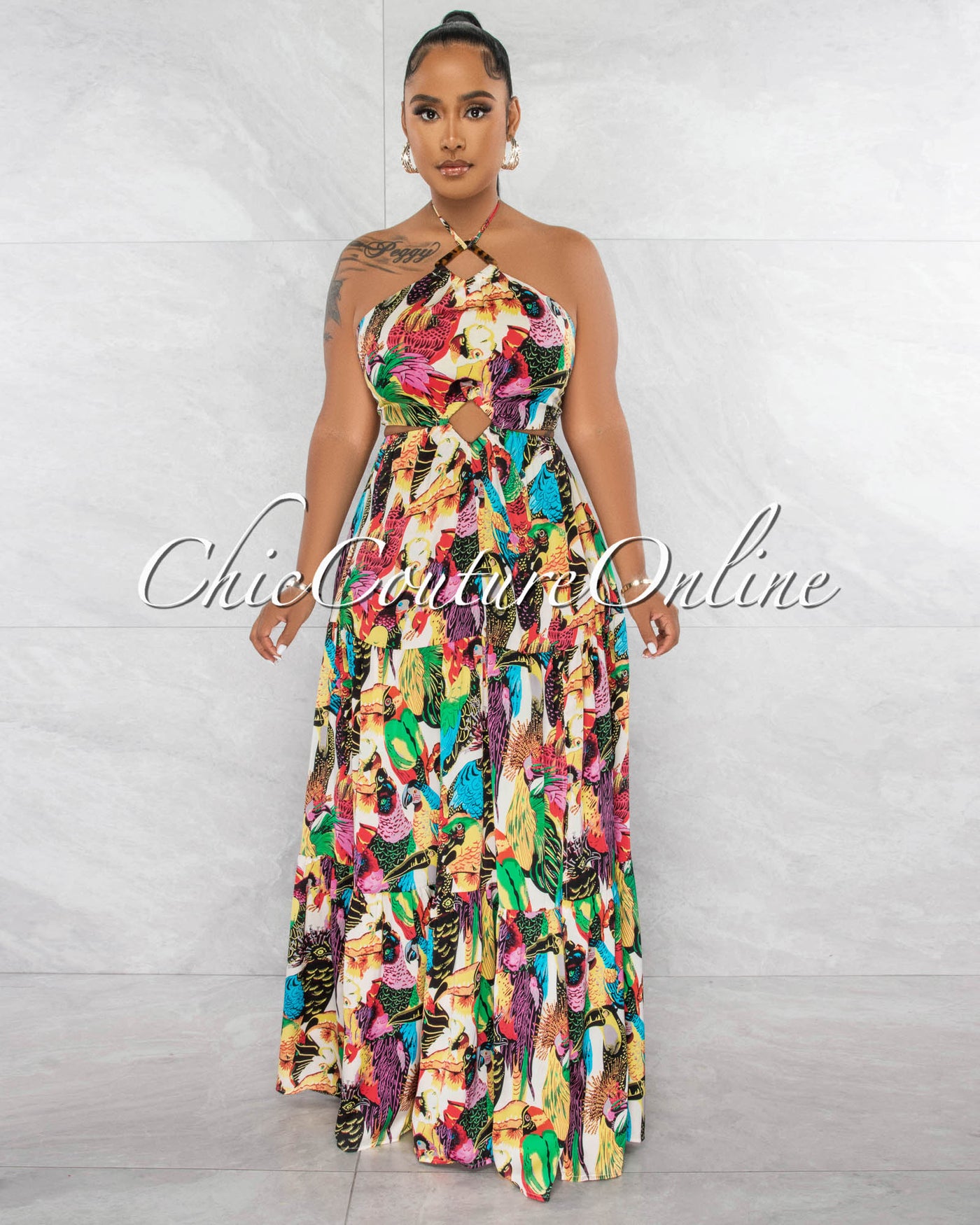 Lomar Multi-Color Print Halter Cut-Out Maxi Dress
