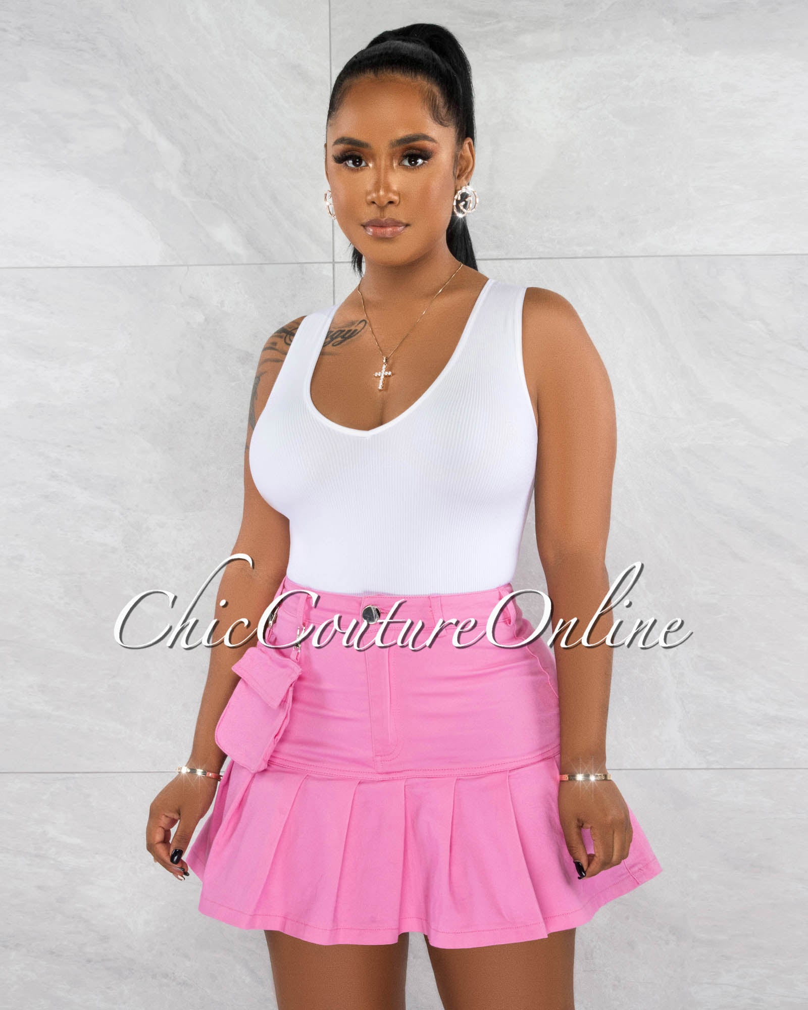 Lewina Pink Pleated Denin Fanny Pack Skirt