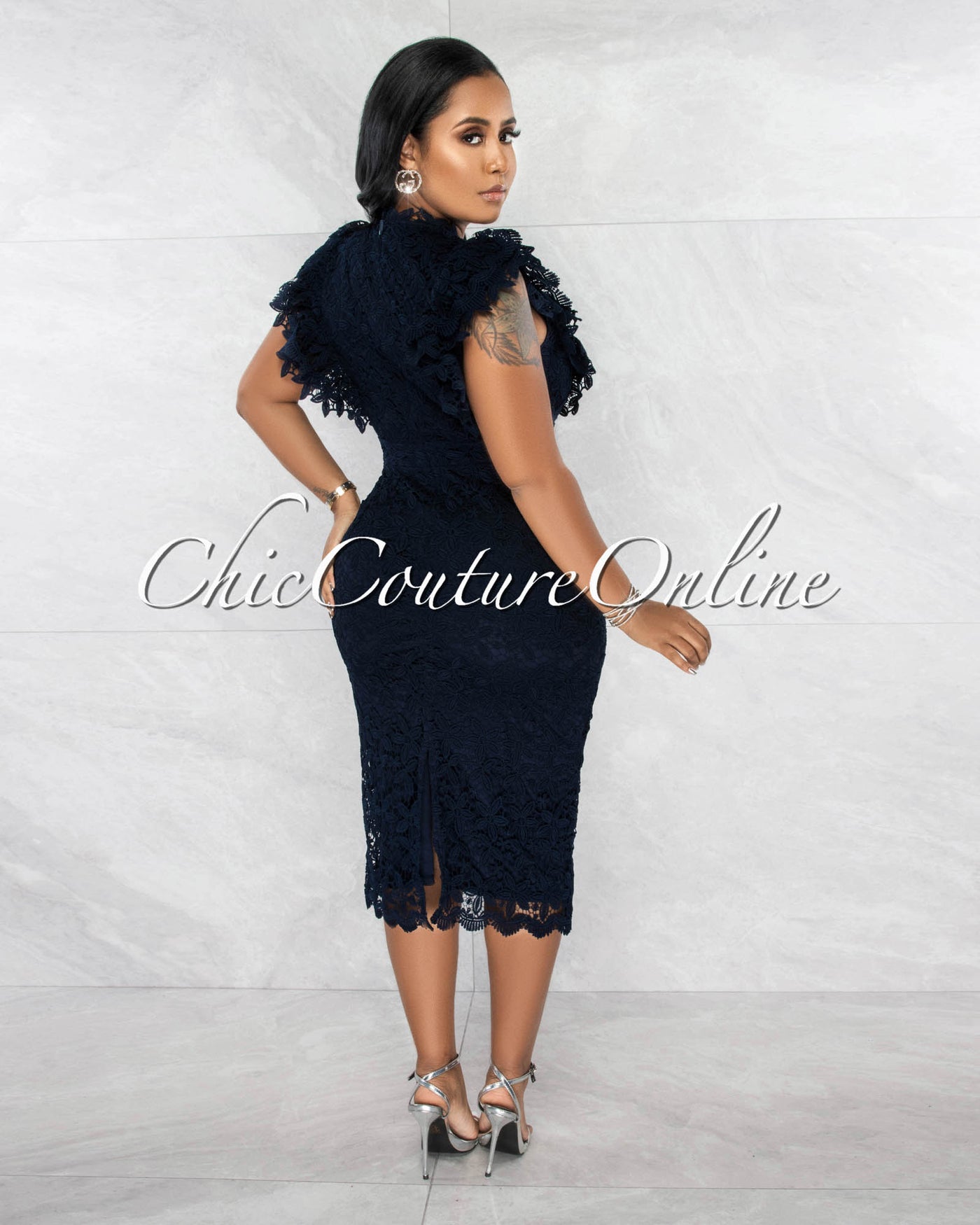 Victory Navy Blue Ruffle Sleeves Crochet Midi Dress