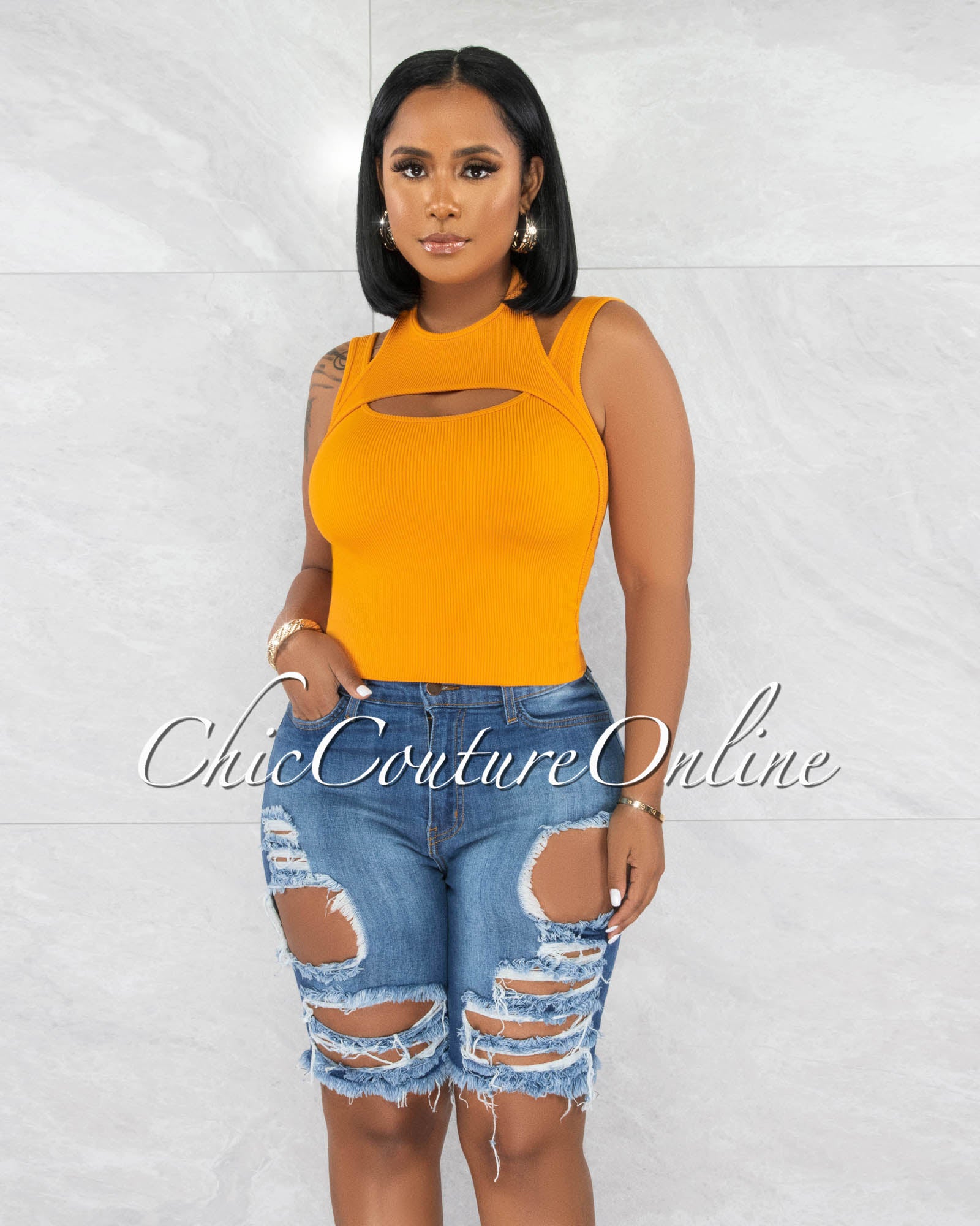 *Yenia Medium Denim Biker Distressed Shorts