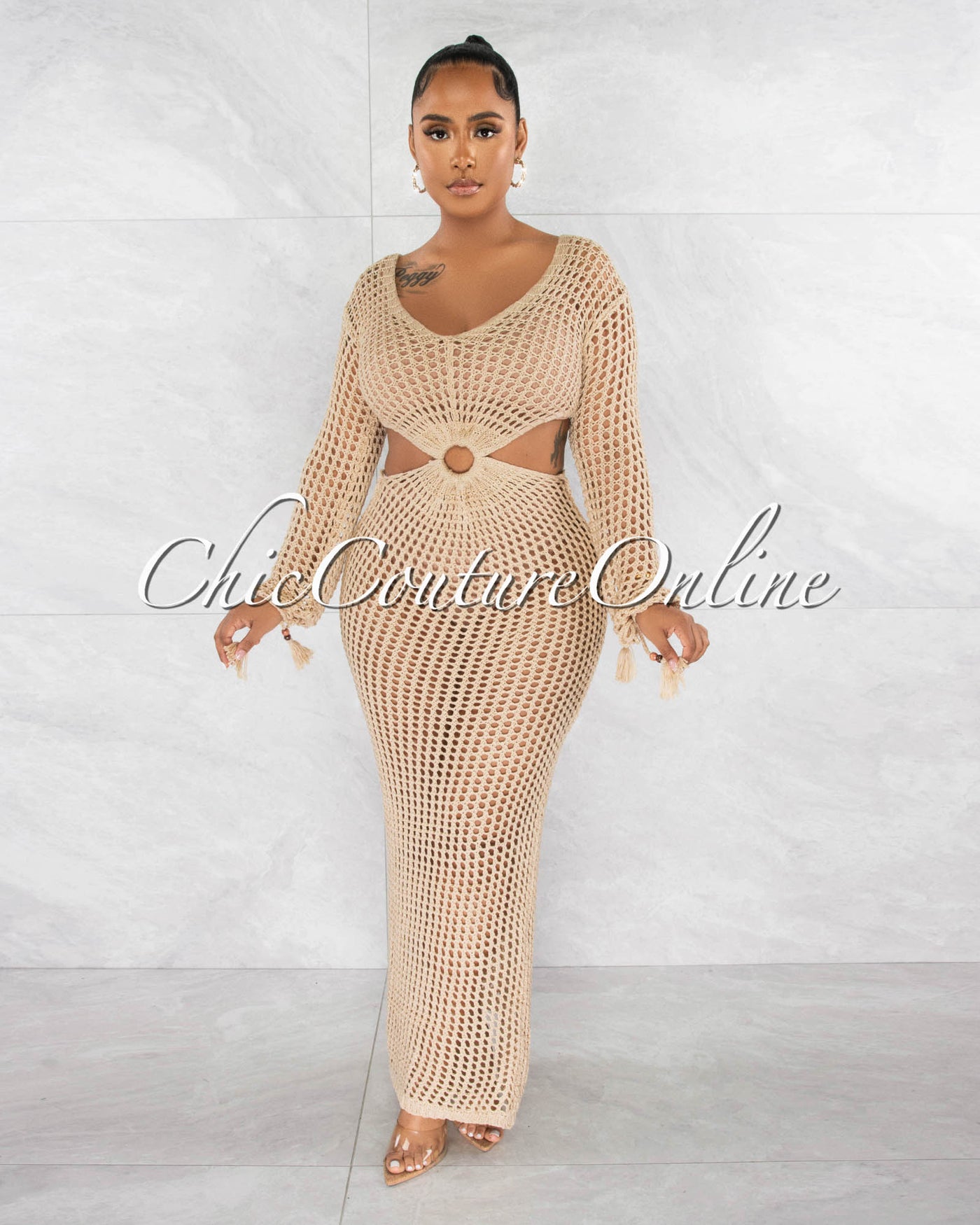 *Rhonda Nude "O" Ring Crochet Cut-Out Cover-Up Maxi Dress