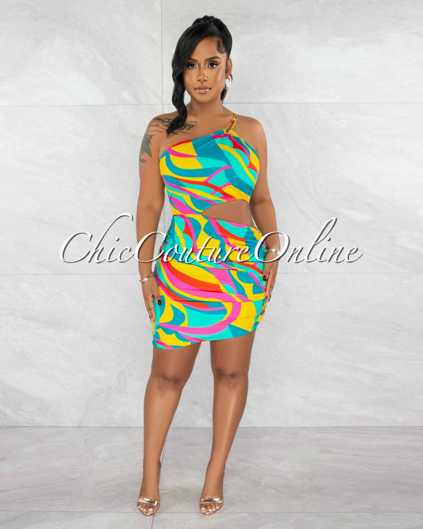 Charisse Green Multi-Color Print Single Shoulder Mini Dress